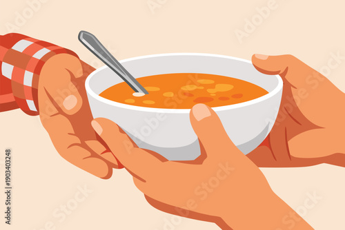 Hands sharing a bowl of hot soup as a gesture of kindness and support.