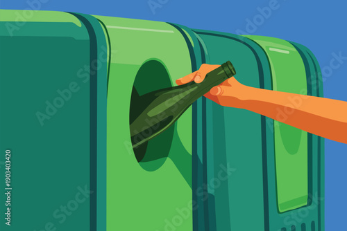 Hand putting a glass bottle into a green recycling bin for environmental protection.