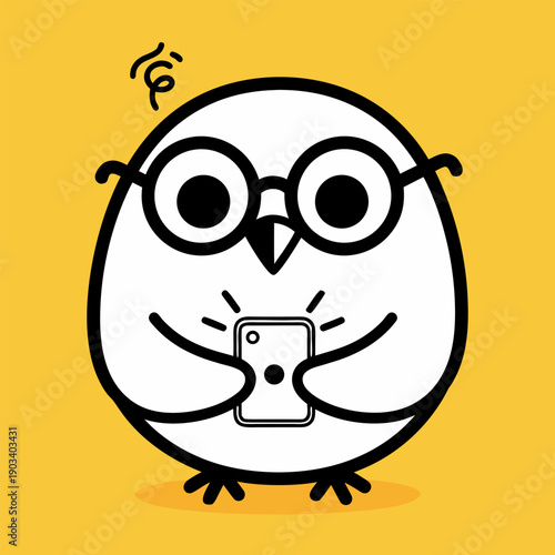 Funny cartoon owl wearing glasses looking at a smartphone with a confused expression on a yellow background