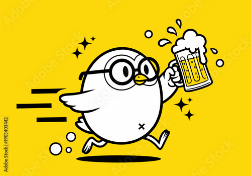 A cheerful cartoon owl wearing glasses runs with a frothy mug of beer, motion lines indicating speed and excitement, set against a vibrant yellow background with sparkling stars