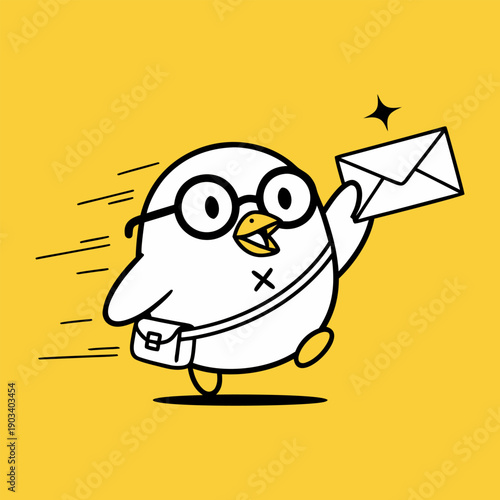 Whimsical cartoon bird delivering mail with a smile, featuring a messenger bag and speed lines on a bright yellow background