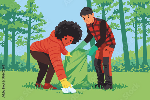 Volunteers cleaning up plastic waste and trash in a forest area.