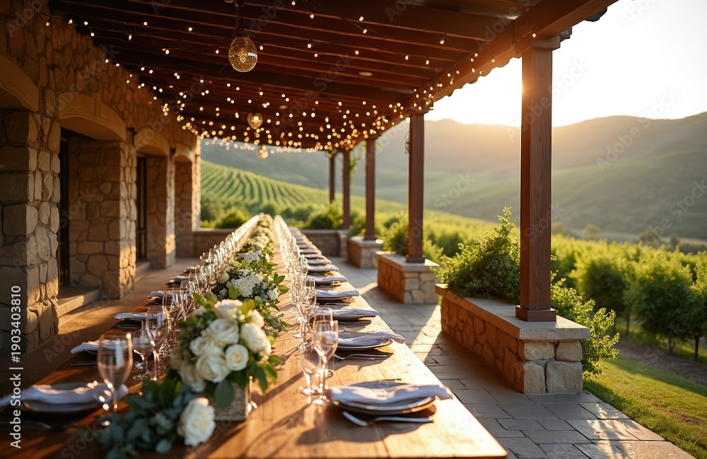 Fototapeta premium Long wooden table set for elegant outdoor dining at vineyard estate. Golden hour light illuminates rolling hills and vineyard rows, enhancing ambiance for a special event.