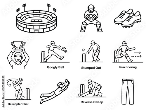 Cricket Line Icons Set Stadium, Googly Ball, Stumped Out, Run Scoring, Trophy Celebration and Cricket Equipment Outline Vector