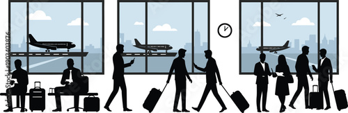 Busy airport terminal with travelers and airplanes taking off