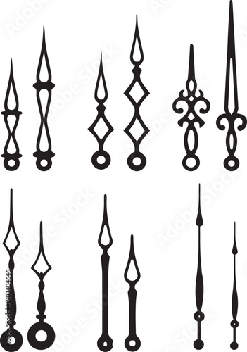 Clock arms. Watch hands, isolated time pointers clockwork parts of old antiques vintage watches in steampunk or victorian style, clocks face hour element, neat vector illustration