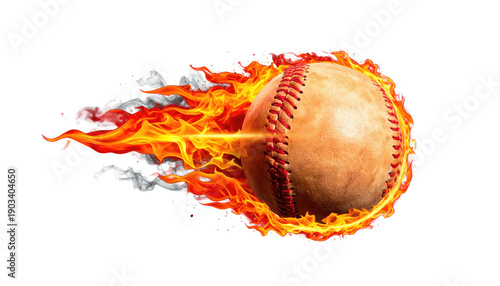 A baseball ablaze with flames, depicting speed and power against a stark black background