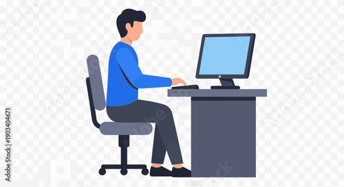 Man sitting at desk using computer on transparent background