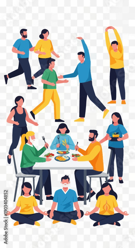 Diverse people engaged in various activities like exercise and dining.