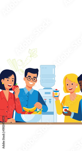 People gathered around a water cooler in an office setting.