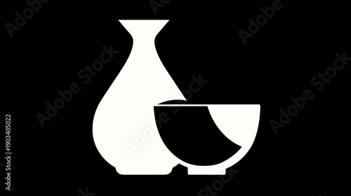 Silhouetted white vessel and cup on a stark black background. Simple, minimalist design