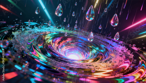 Vector illustration of a mirror-like whirlpool of bright fluorescent colors swirling through transparent raindrops.