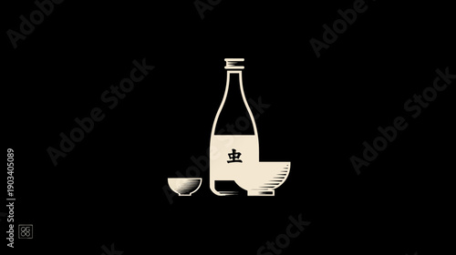 Minimalist illustration of a sake bottle with two cups, set against a solid black background
