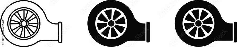 Obraz premium Turbocharger turbine vector icons set with outline and solid styles automotive engine performance technology illustration design