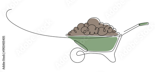 Wheelbarrow with soil. Farming and agriculture. Continuous line drawing.