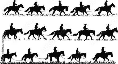 Cowboy horse riding silhouette set, western rider collection illustration, equestrian ranch scene isolated for rodeo, country lifestyle, agriculture design concept