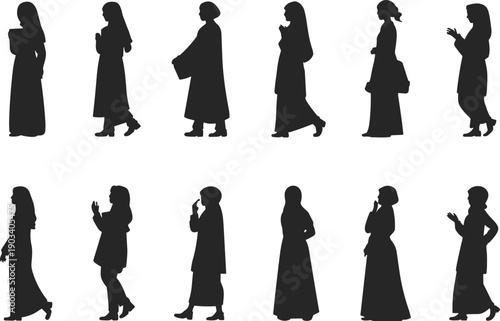 Muslim women silhouettes set, abaya hijab walking standing poses, modest fashion lifestyle, cultural diversity, activities, people collection, flat vector illustration