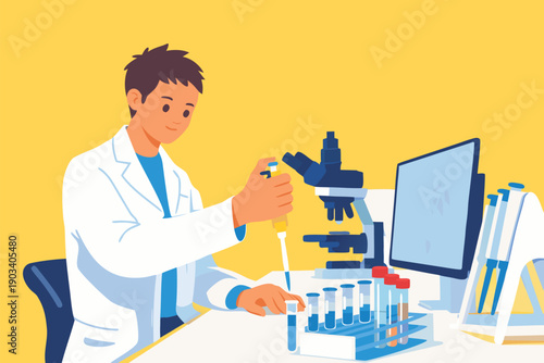 Male scientist working with a microscope and chemical samples in a laboratory.