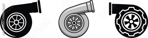 Turbocharger and automotive turbine vector icons set with solid outline styles car engine performance illustration design