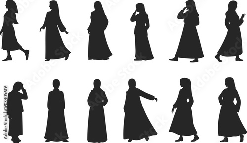 Muslim women silhouettes collection, abaya hijab female walking standing poses, modest fashion lifestyle, cultural diversity, everyday activities, people set, flat vector illustration