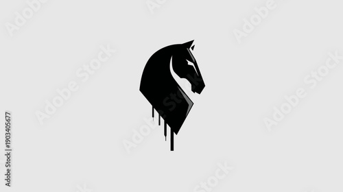 A monochrome stylized horse head logo with geometric shapes and dripping effect