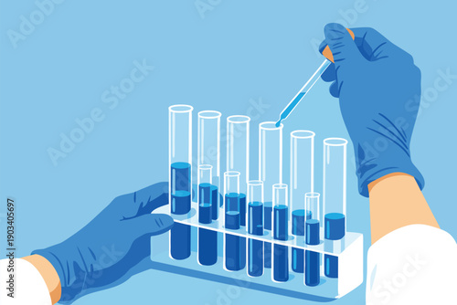Scientist hand using a pipette to add liquid to a row of test tubes in a lab.