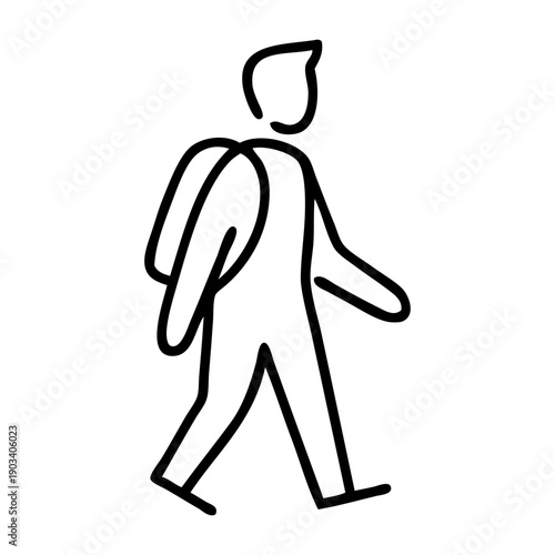 Senderismo en la naturaleza. Dibujo sencillo con líneas de un hombre caminando con una mochila a la espalda 