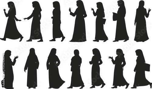 Muslim women silhouettes collection, abaya hijab female walking poses, modest fashion lifestyle, cultural diversity, daily activities, flat vector illustration