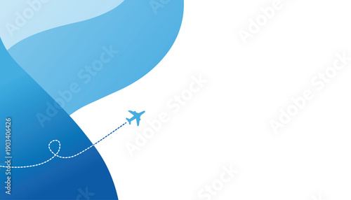 A stylized illustration of a blue airplane flying through wavy lines on a with a gradient of blue hues