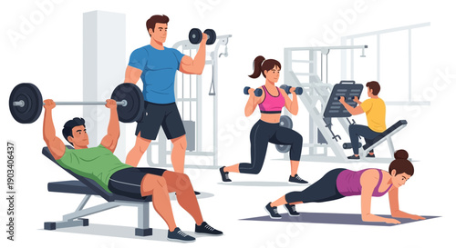 People exercising with weights and equipment in a gym.