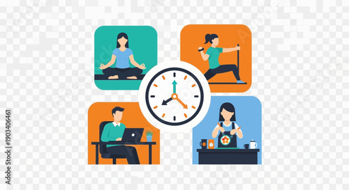 Clock surrounded by icons of daily activities and self-care.