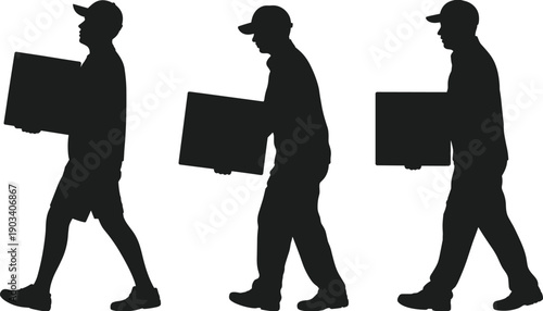 Delivery courier silhouettes showing workers carrying package boxes while walking, logistics shipping transportation service concept, professional occupation, flat vector illustration