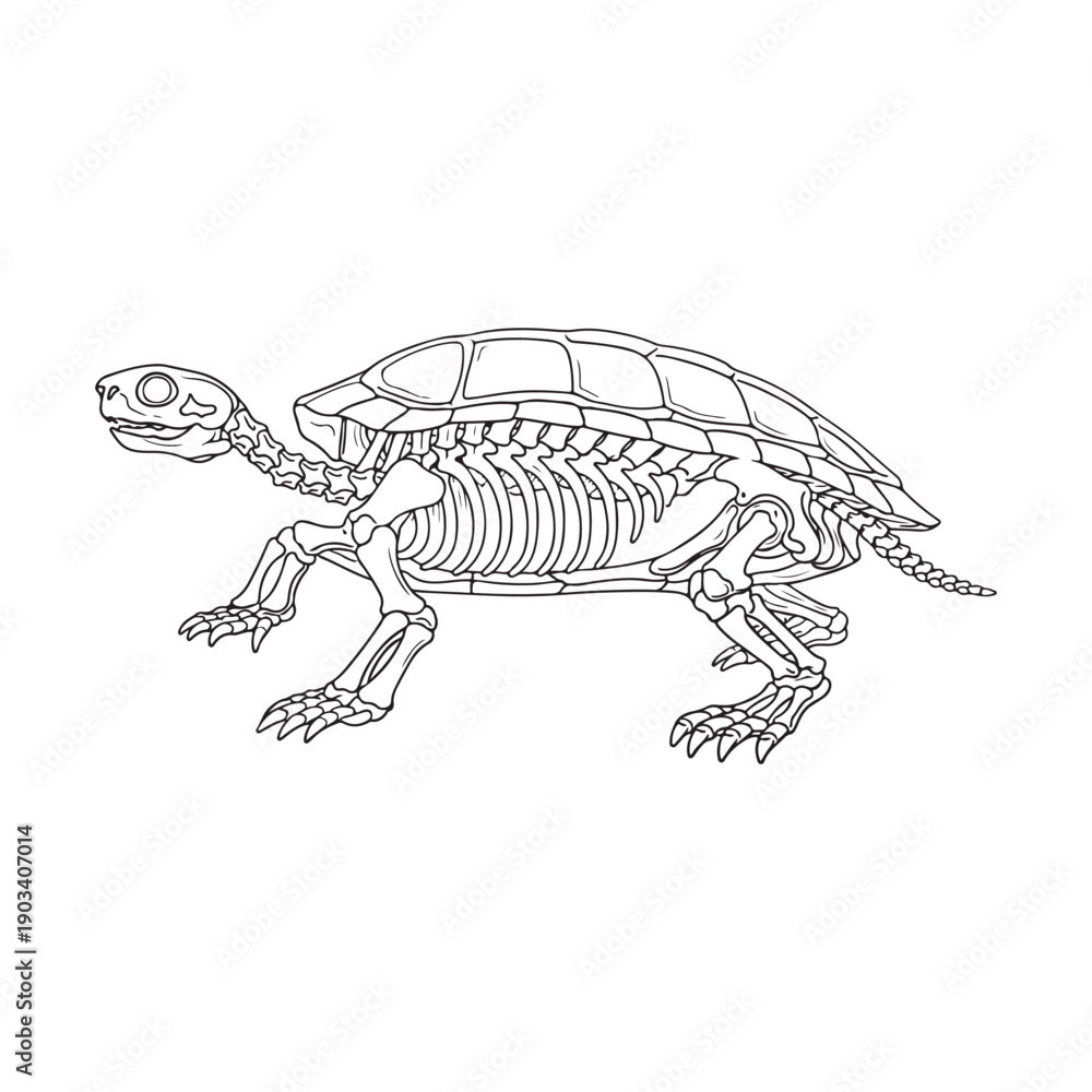Fototapeta premium Turtle skeletal anatomy coloring book page full body pose detailed skull black white illustration printable outline