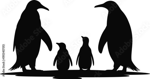 Penguin family silhouettes showing adult and baby penguins standing together in Antarctic wildlife scene, animal bonding concept, flat vector illustration