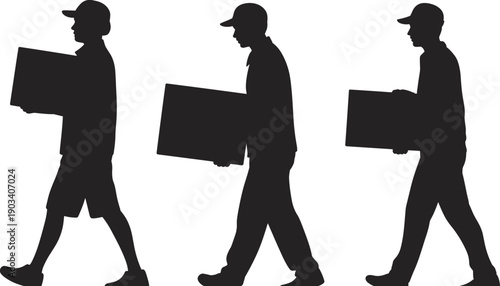 Delivery worker silhouettes showing courier carrying package boxes while walking, logistics shipping service concept, professional occupation, flat vector illustration