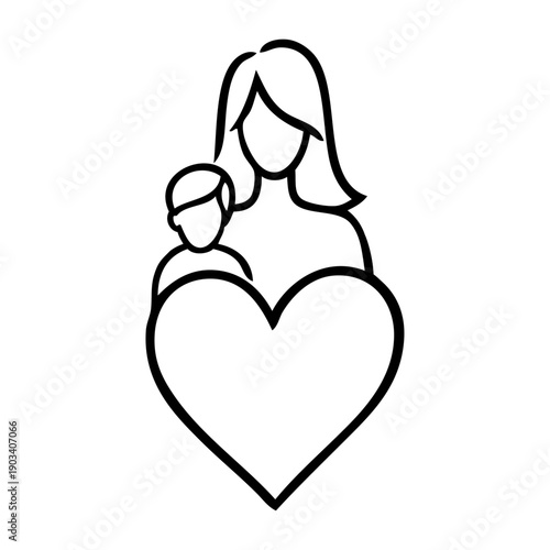 Logotipo del día de la madre con dibujo sencillo con líneas de una madre e hijo por encima de un corazón 