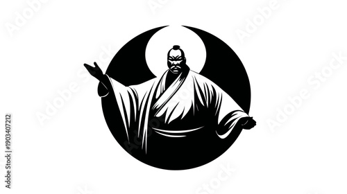 Silhouetted figure of a man in robes, framed by a circle and a crescent. Monochromatic