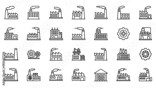 Industrial factory buildings and icons.