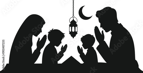 Muslim family prayer silhouettes showing parents and children reading Quran during Ramadan night with lantern moon, flat vector illustration concept
