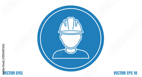 A blue circular icon with a white outline of a person wearing a hard hat, representing a construction worker or safety.