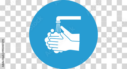 A blue circular icon showing two hands washing under a running water faucet with soap, symbolizing hygiene and cleanliness.