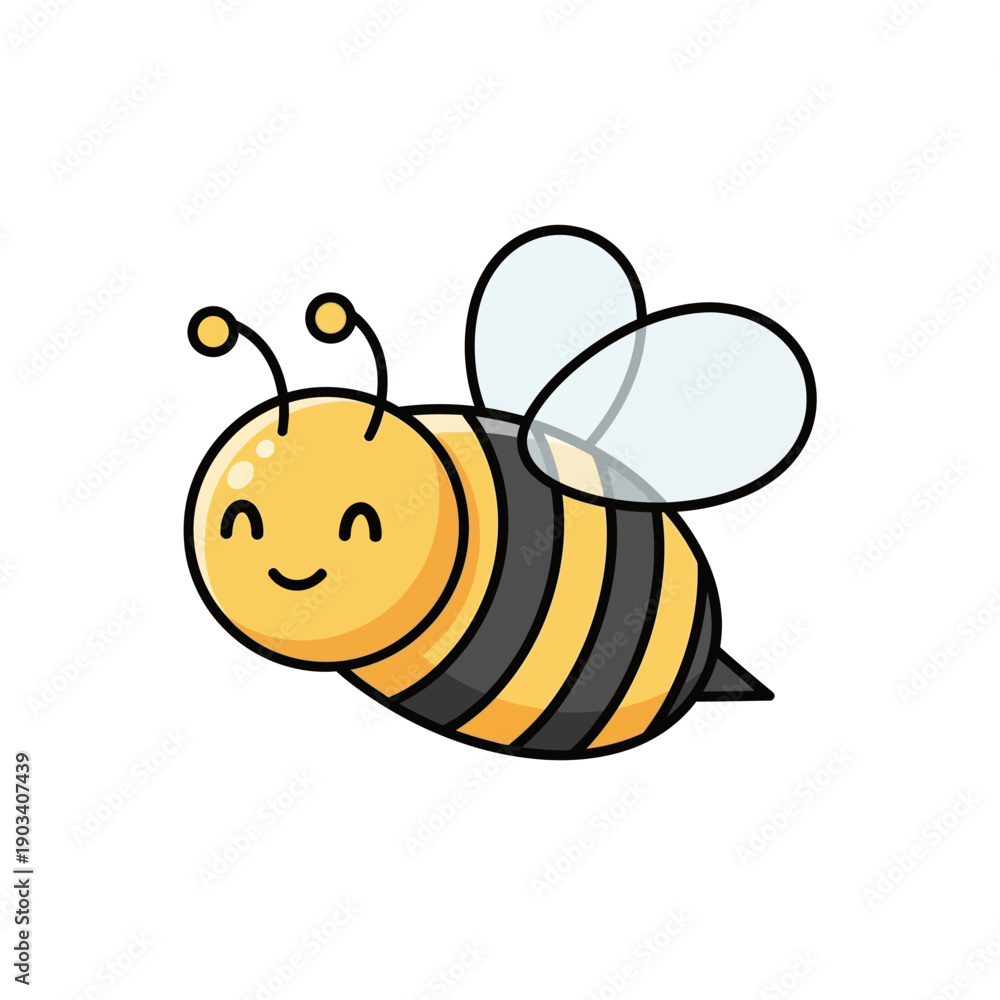 Obraz premium Smiling cartoon bee with wings flying.