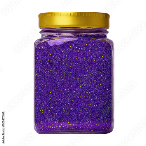 Jar of Purple and Gold Sugar Pearls Sprinkles on a Transparent Background. Isolated Clipart High Resolution Png