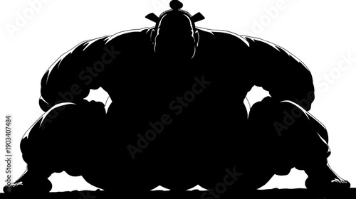 Silhouetted illustration of a heavy individual in a seated position with a topknot, large physique