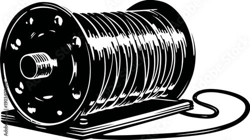 A black and white image of a garden hose reel, stylized and rendered as a line drawing