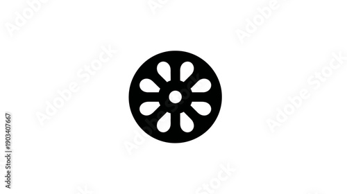 Black circular symbol with a central dot and eight petal-like shapes evenly distributed