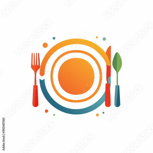 Abstract Circular Plate with Utensils and Colorful Dots - Food and Dining Concept