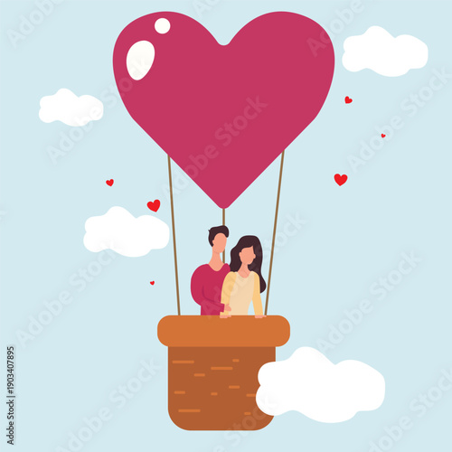 Love couple flying on balloon in the sky. Romantic date Flat cartoon. Man and woman of lovers inside hot air balloon. Hearts, love, romantic greeting card for 14 February. Valentine's day banner.