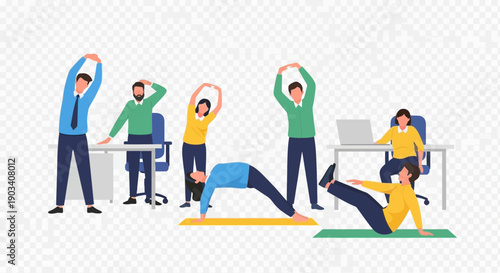 People exercising in an office setting with desks and chairs.