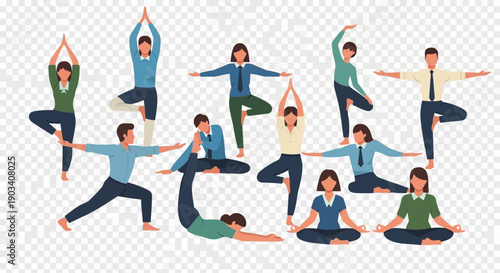 Diverse people practicing various yoga poses in a group.